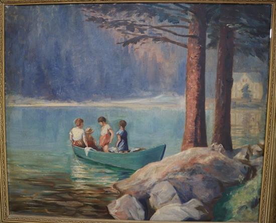Clement du Pontet, oil on canvas, Children boating on a lake, 50 x 60cm